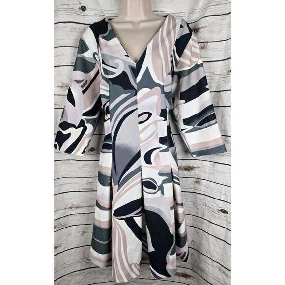 Natori Mod Print Midi Dress 16 Gray Blush Pleated Womens V-neck Stretch - Picture 1 of 7